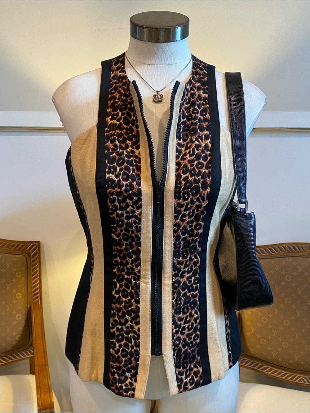 Vintage 90s Leopard Print Striped Front-Zip Cotton Top Vest S Office Siren Sexy
